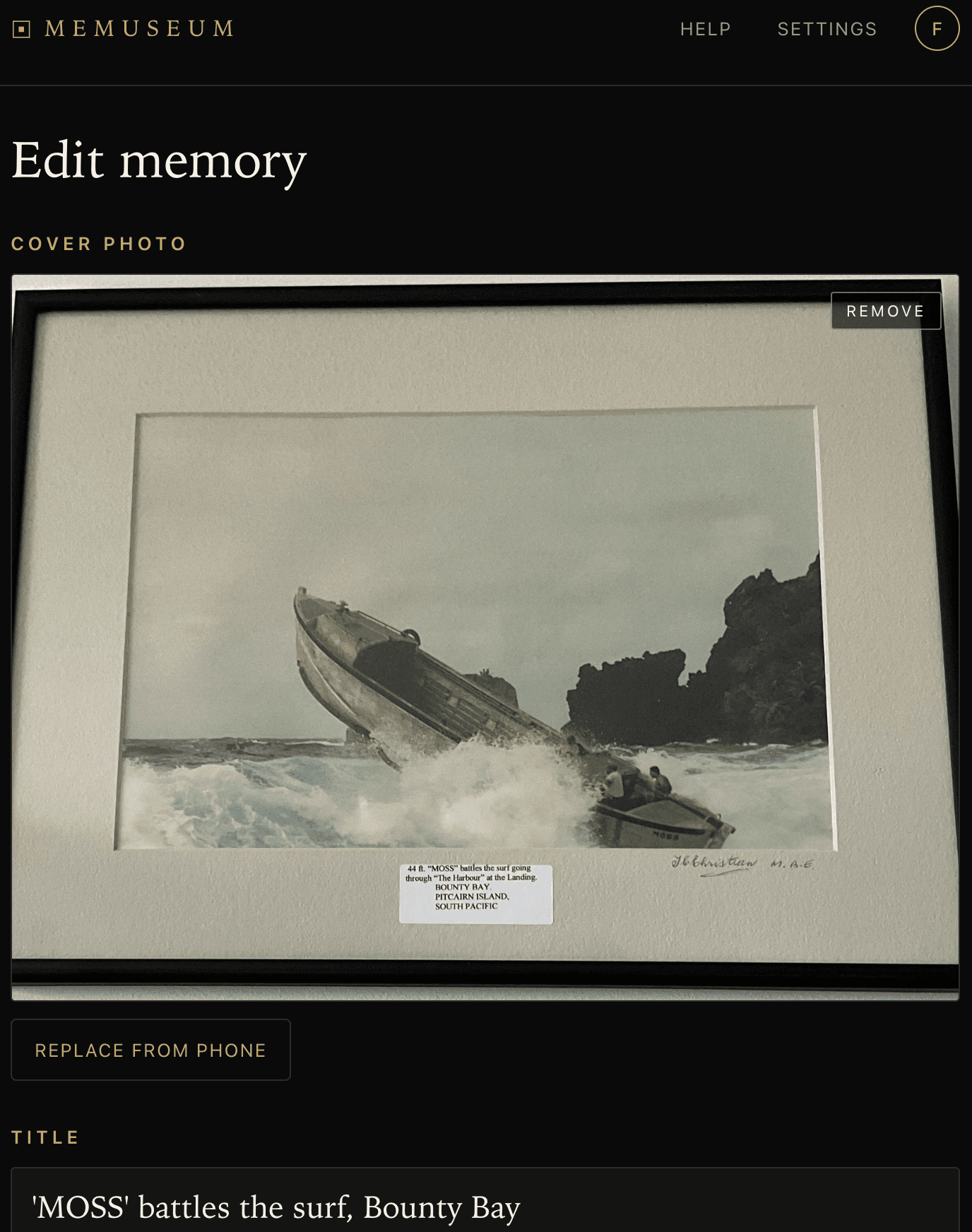 The memory editor with a draft Bounty Bay memory loaded — a framed photograph fills the cover slot, and the title 'MOSS' battles the surf, Bounty Bay sits below.