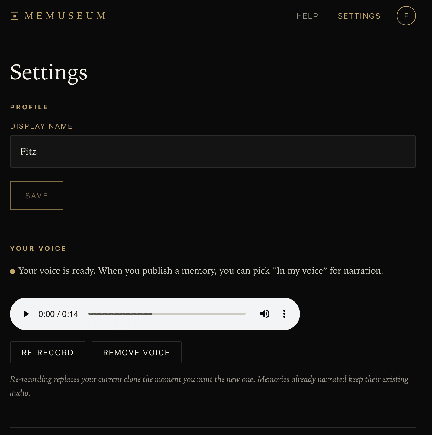 The Your voice section of Settings showing 'Your voice is ready' with a preview audio player, plus Re-record and Remove voice buttons.